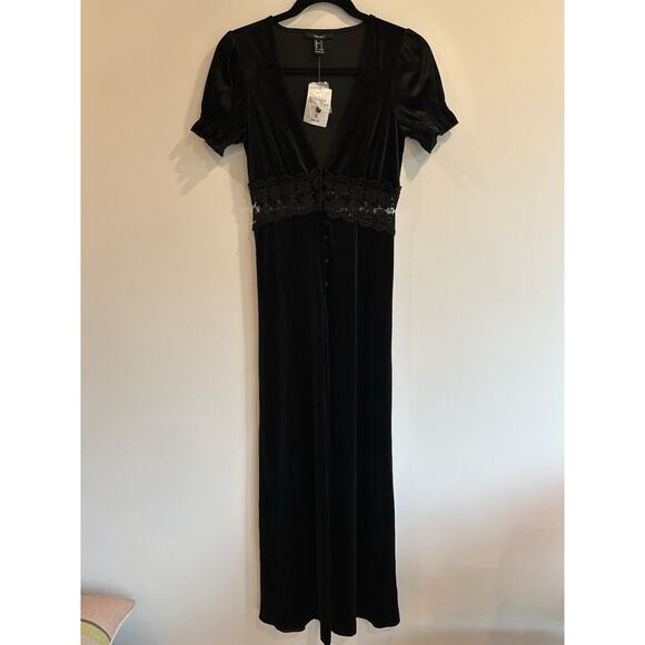 Goth Emo Whimisgoth Maxi Velvet Dress Lace Button Size Small Stretch Smocked - Picture 1 of 9